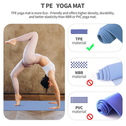 Non-slip and eco-friendly TPE sport mat with carrying strap for Pilates, workout, fitness. 183 x 61 x 0.6 cm (Blue)