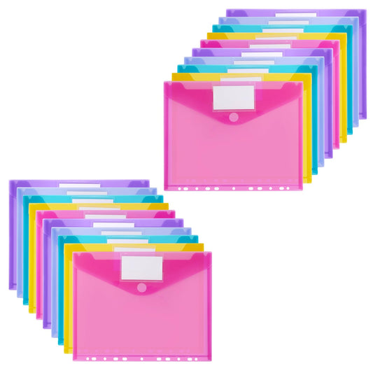 Sosayet A4 Document Bag - 48 Pack A4 Document Folder with 11 hole edge velcro closure and label pocket - Waterproof collecting folders for organizing documents (6 colors)