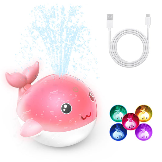 PHNIXGAM Baby Bathtub Toy, Rechargeable Light Up Whale Bath Toy Sprinkler Bath Pool Water Fountain Toy for Toddlers Kids, Pink