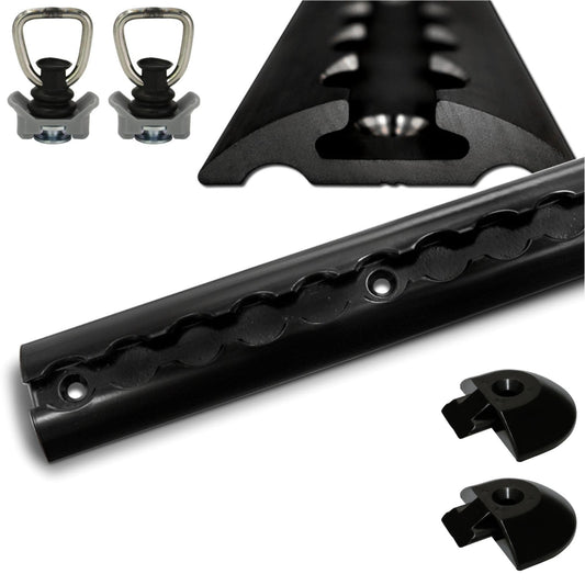 Airline rail, sturdy half-round black, 0.5 meters with 2 tie-down rings and 2 end caps, Aluminum Black line tie-down rail, high stability and durability, for trailers, cars, trucks, campers, RVs