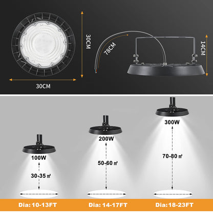 Toobettp 200W UFO LED workshop lamp, 20000LM 6500K cool white LED UFO industrial lamp, IP65 waterproof high bay light for warehouse lighting, workshop lighting, factories, airport, patio