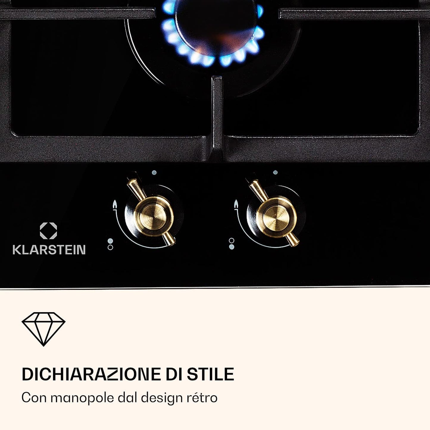 Clearstone Victoria - Gas hob, built-in, Sabaf burners, natural gas/propane, safety valves, automatic shutdown, cast iron pot supports, retro-style ceramic glass, 2 burners, black