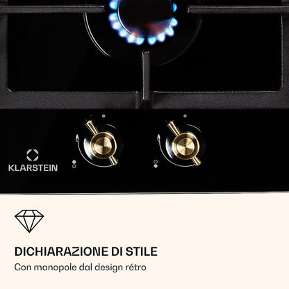 Clearstone Victoria - Gas hob, built-in, Sabaf burners, natural gas/propane, safety valves, automatic shutdown, cast iron pot supports, retro-style ceramic glass, 2 burners, black