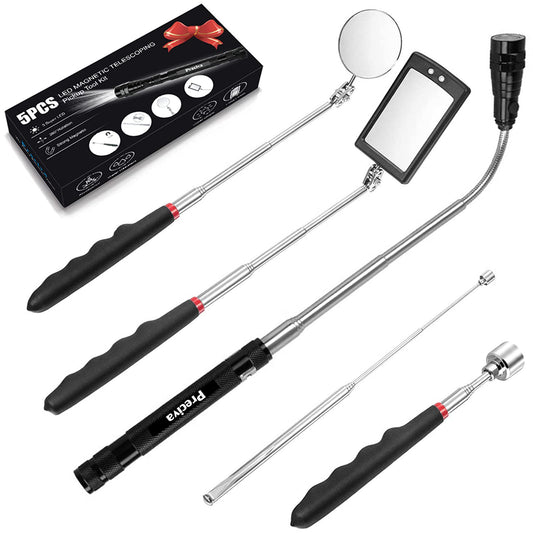 Preciva 5-piece magnetic telescopic retrieval tool set with 15 pound and 1 pound retrieval rods, round and square 360-degree rotating adjustable inspection mirror, and telescoping rod.