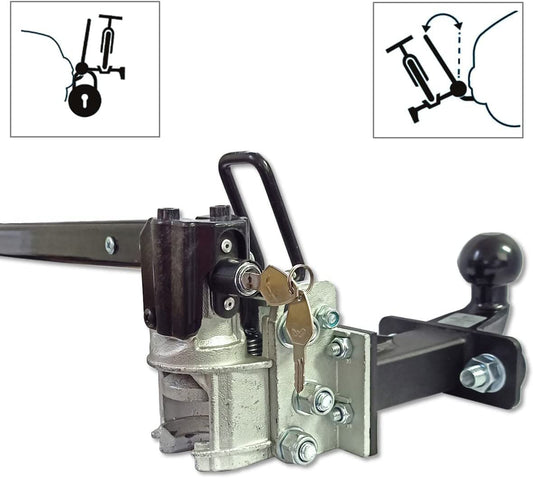 Folding and lockable 250 mm hook extension for bike rack including plug-in coupling for any type of trailer hitch.