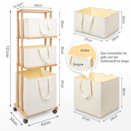 Yorbay bamboo laundry basket with wheels, 4-tier laundry sorter, 3 storage baskets bathroom shelf, laundry collector, 121x34x42cm, 50kg capacity, natural color.