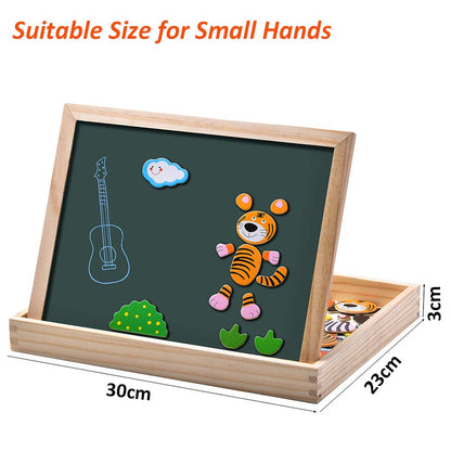 Uping Magnetic Wooden Puzzle 100 Pieces, Double-Sided Magnetic Board, Drawing Board Colored Pencils Chalks, Forest and Animal Puzzles Toy for Ages 3+