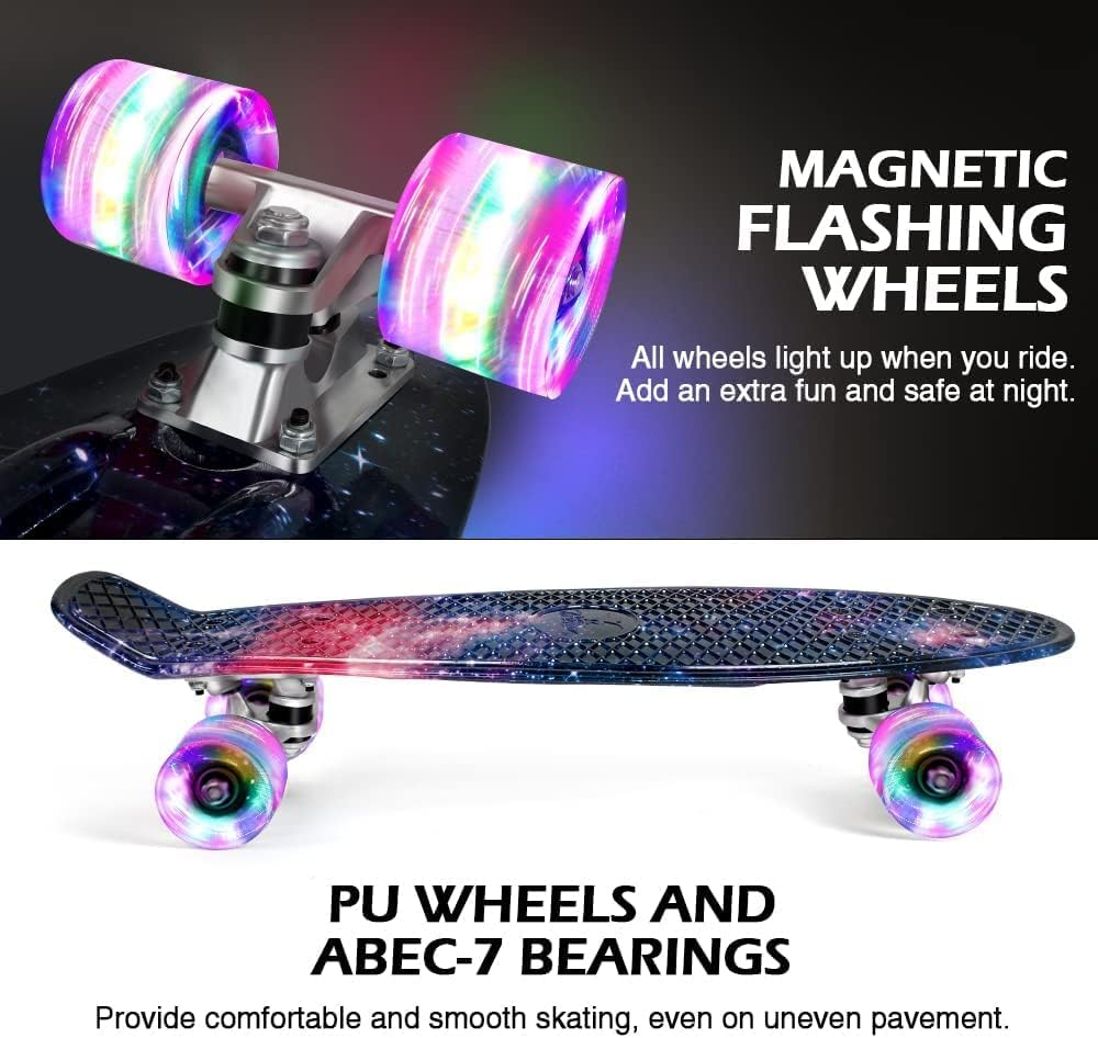 BELEEV 22-inch Kids Skateboard with LED Light-up Wheels, Complete Mini Cruiser Skateboard for Kids Teens Adults, LED Light-up Wheels with All-in-one Skate T-Tool for Beginners