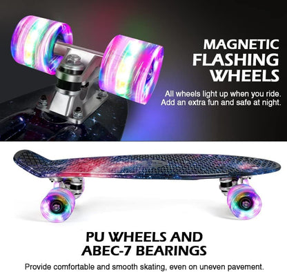 BELEEV 22-inch Kids Skateboard with LED Light-up Wheels, Complete Mini Cruiser Skateboard for Kids Teens Adults, LED Light-up Wheels with All-in-one Skate T-Tool for Beginners