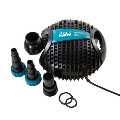 AquaForte O-13,000 pond pump, 130 watts, maximum flow rate of 13 m3 per hour, maximum head height of 5 meters, cable length of 10 meters, asynchronous motor, pumps debris up to 6 mm.