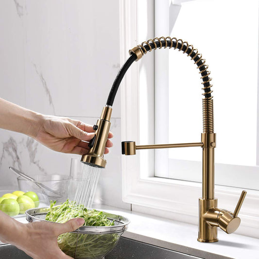 TIMACO Kitchen Faucet Brushed Gold with 360° Swivel, Pull-Down Sprayer Faucet Mixer, Commercial Single Handle Kitchen Faucet in Brushed Gold Finish Kitchen Tap
