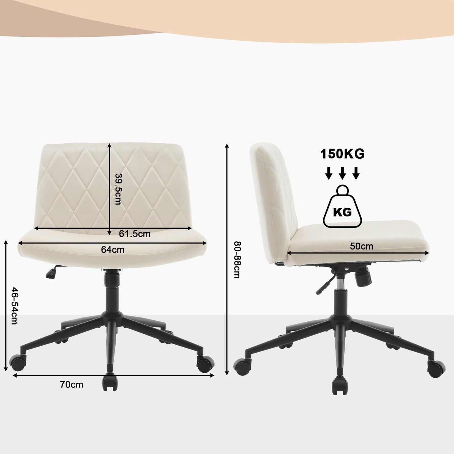 WOLTU office chair armless, desk chair wide seat, swivel chair height adjustable, ergonomic seat cross-legged, reading chair 150 kg capacity, velvet, Beige BS160cm.