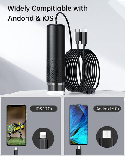 USB microscope for mobile phones, 1080P HD microscope for iPhone Android, 10 to 200X digital microscope with 8 LED mobile microscope compatible with iOS, Android, tablet.