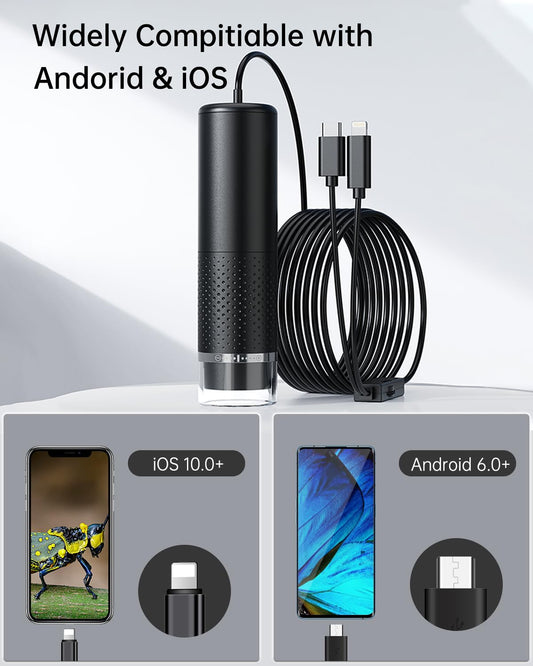 USB microscope for mobile phones, 1080P HD microscope for iPhone Android, 10 to 200X digital microscope with 8 LED mobile microscope compatible with iOS, Android, tablet.