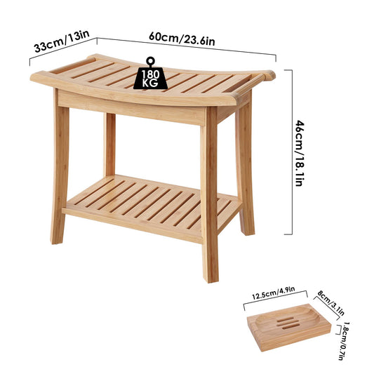 HOCSOK Bamboo Stool Bench Bathroom Shower Stool 2-Tier Water-resistant Non-slip Home Garden Balcony 60 x 33 x 46 cm Bathroom Furniture Natural with Soap Dish
