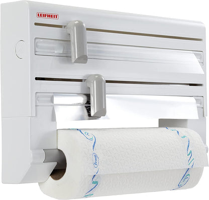 Leifheit Wall-Mounted Paper Towel Holder Parat ComfortLine Series for 3 rolls, clean cut edges with practical cutting blade, kitchen roll holder with foil cutter ensures convenient foil ends.