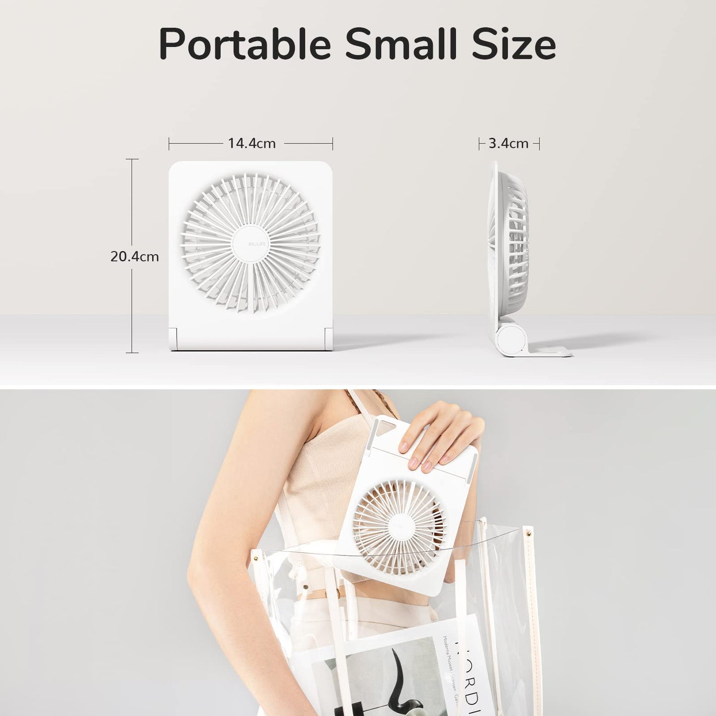 JISULIFE Small Desk Fan, Mini Portable Rechargeable USB Small Fan, 160° Foldable with 4500mAh, Extremely Quiet, 4 Speeds Desk Fan for Office, Home, Camping-White