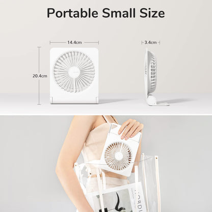 JISULIFE Small Desk Fan, Mini Portable Rechargeable USB Small Fan, 160° Foldable with 4500mAh, Extremely Quiet, 4 Speeds Desk Fan for Office, Home, Camping-White