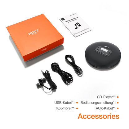 HOTT CD204 Portable CD Player, Walkman Compact Player, portable CD player, MP3 player, with anti-shock headphones, for audiobooks, music, checkers for kids and adults (black)