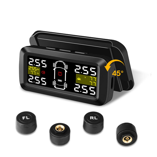 TPMS Tire Pressure Monitoring System with 2/4-wheel modes. High Precision Solar Charging TPMS with 3.5 inch Detachable Bracket and 4 External Tire Pressure Sensors for Car Van SUV 5-87 Psi.