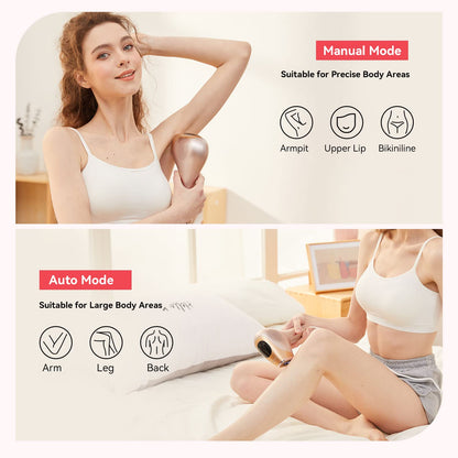 IPL hair removal device with ice-cooling function, 600,000 light pulses for permanent visible hair removal on body, face, bikini zone.