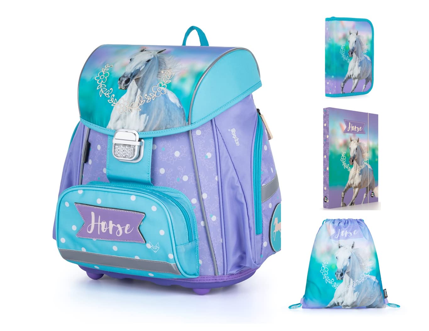 Horse Backpack Set for Girls 1st Grade 4-piece set for primary school ergonomic and anatomical incl. pencil case gym bag binder box