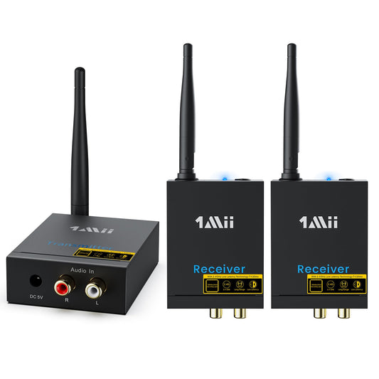 1Mii 3-in-1 Audio Transmitter Receiver, Wireless Transmitter and 2 Receivers, 2.4G Low Delay, 100m Long Range from TV/PC to Active Speaker/Subwoofer/Stereo, RCA Output/Input.