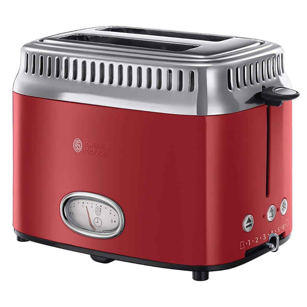Russell Hobbs toaster [for 2 slices] Retro Stainless Steel Red (countdown display in retro design, including bun rack, 6 browning levels + defrost & reheat function, 1300W) Vintage 21680-56