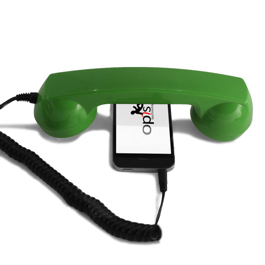 Description 60s Micro: Retro telephone handset for mobile with USB-C adapter as retro headset for Android Smartphone and for iPhone 15 and newer in Green.