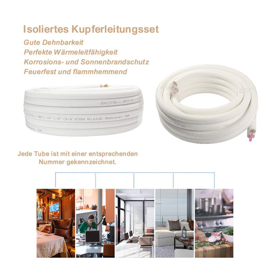 2x 4m 1/4" + 3/8" inch copper refrigerant lines Insulated copper tubes for 9000 mounting kit