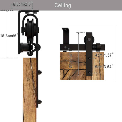 6FT/1.8M Ceiling Mount Sliding Barn Door Hardware, L-shaped bracket system, Fits 60cm wide, single door panel.