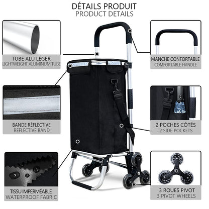 VOUNOT Aluminum Shopping Cart Stair Climber, Foldable Trolley Cart with 6 Wheels and Cooler Compartment, Waterproof, 58L, Black