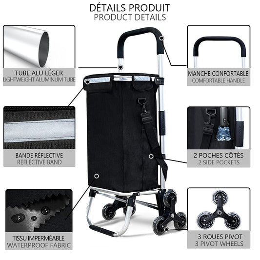 VOUNOT Aluminum Shopping Cart Stair Climber, Foldable Trolley Cart with 6 Wheels and Cooler Compartment, Waterproof, 58L, Black