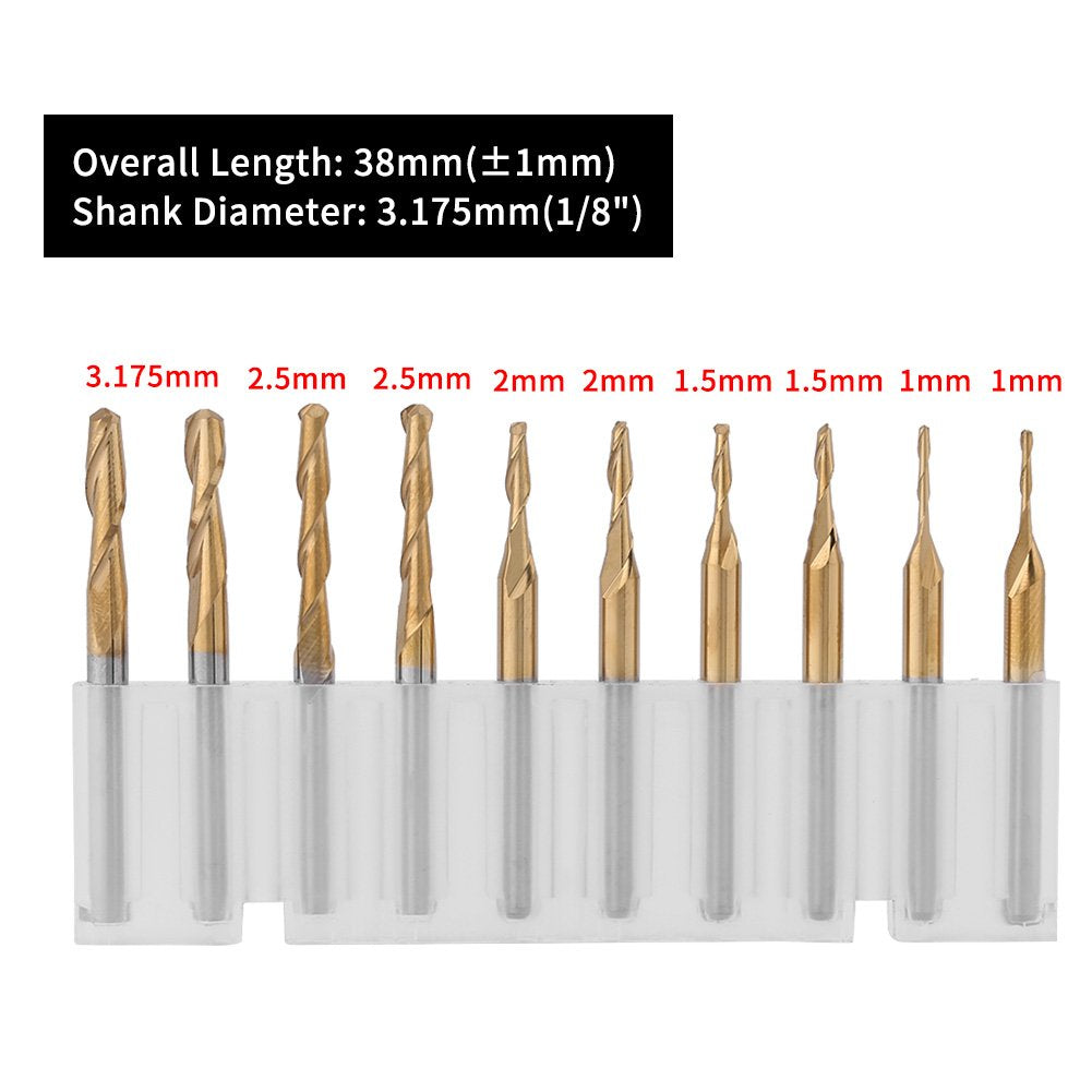 Milling ball nose end mill, titanium coating ball head cutter with 3.175mm shank, CNC ball end mill machine ball nose milling cutter bits, 1 * 4 / 1.5 * 6 / 2 * 8 / 2.5 * 12 / 3.175 * 12mm. 10 pieces.