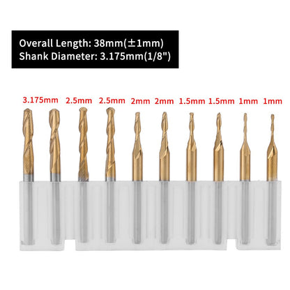 Milling ball nose end mill, titanium coating ball head cutter with 3.175mm shank, CNC ball end mill machine ball nose milling cutter bits, 1 * 4 / 1.5 * 6 / 2 * 8 / 2.5 * 12 / 3.175 * 12mm. 10 pieces.