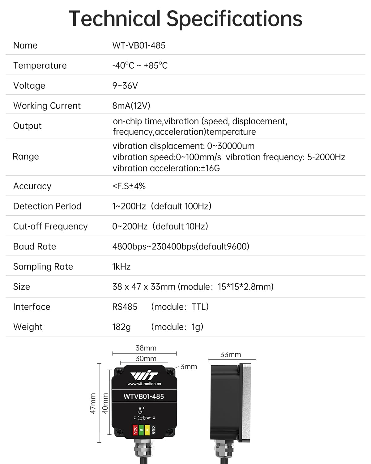[RS485 Modbus Vibration Sensor] WTVB01-485 IP68 waterproof transducer, 3-axis acceleration vibration detector (frequency + displacement + velocity), motor monitoring module.