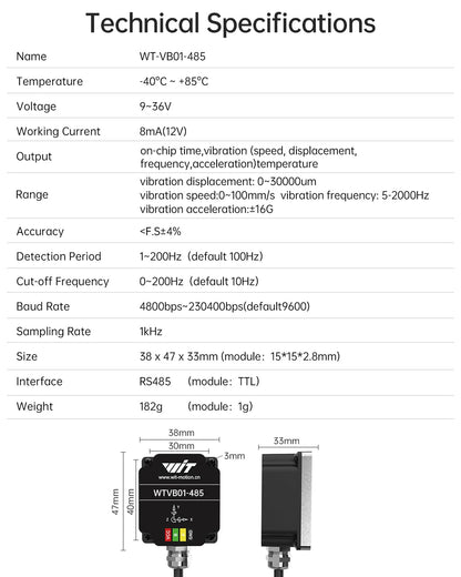 [RS485 Modbus Vibration Sensor] WTVB01-485 IP68 waterproof transducer, 3-axis acceleration vibration detector (frequency + displacement + velocity), motor monitoring module.