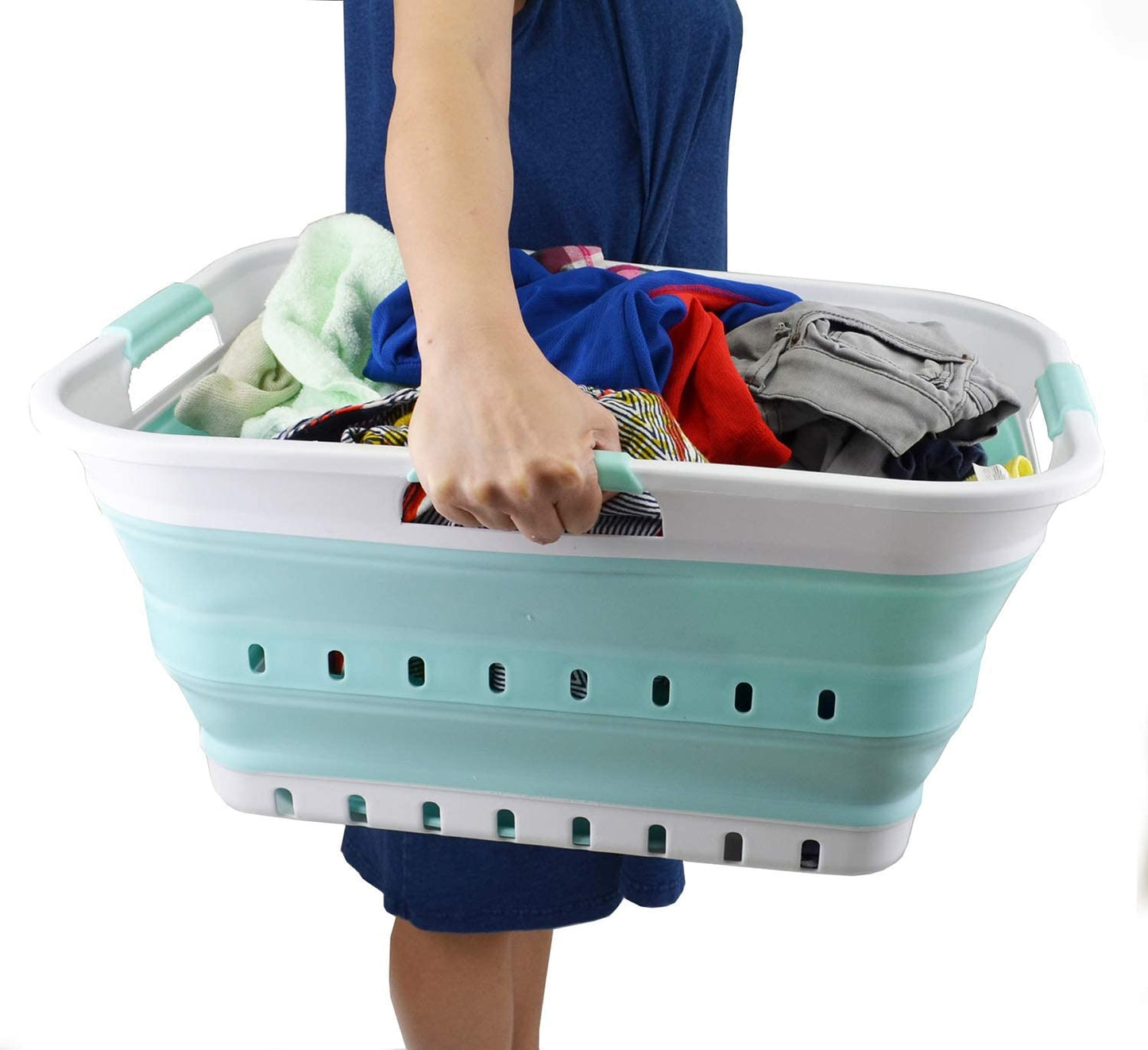 SAMMART 42L Collapsible Plastic Laundry Basket - Foldable Pop Up Storage Container/Organizer - Space Saving Hamper/Basket (White/Lake Green, 1)