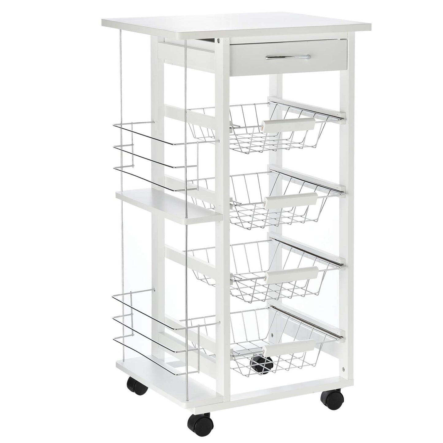 HOMCOM kitchen cart, 5-tier serving cart with countertop, rolling cart, kitchen shelf with wheels, drawer, and metal baskets, pine wood white 47 x 37 x 83 cm
