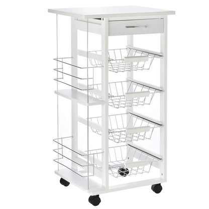 HOMCOM kitchen cart, 5-tier serving cart with countertop, rolling cart, kitchen shelf with wheels, drawer, and metal baskets, pine wood white 47 x 37 x 83 cm