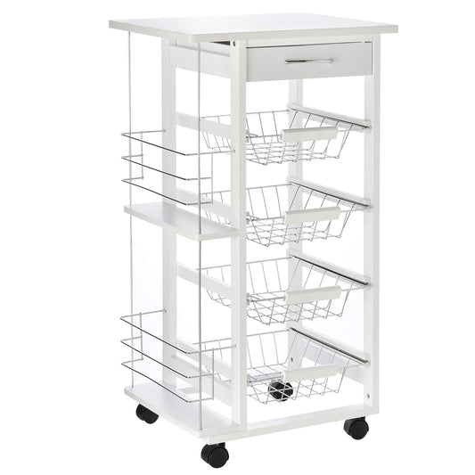 HOMCOM kitchen cart, 5-tier serving cart with countertop, rolling cart, kitchen shelf with wheels, drawer, and metal baskets, pine wood white 47 x 37 x 83 cm