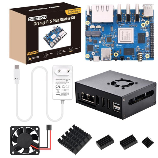GeekPi Orange Pi 5 Plus 16GB LPDDR4/4x Rockchip RK3588 8-Core 64-Bit Single Board Computer with eMMC Socket, OPi 5 Plus Metal Case with Fan, Official OPi 5V 4A Power Supply for Orange Pi 5 Plus