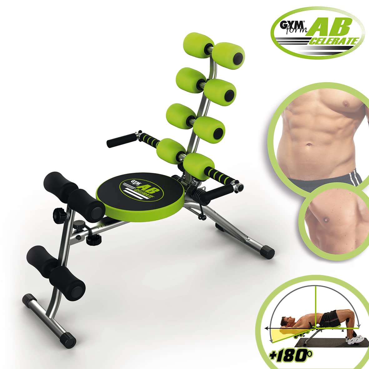 Abdominal trainer equipment for full-body workout, Gymform Ab Celerate, suitable for all ages up to 120 kg, 6 exercises target your entire core + cardiovascular training.