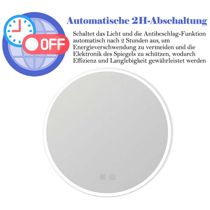 Finmyrs Bathroom Mirror with Lighting Round 50 cm LED Mirror Bathroom with Touch Switch Fog-free Bathroom Mirror Dimmable Illuminated Cool White Warm White 19.69 inch