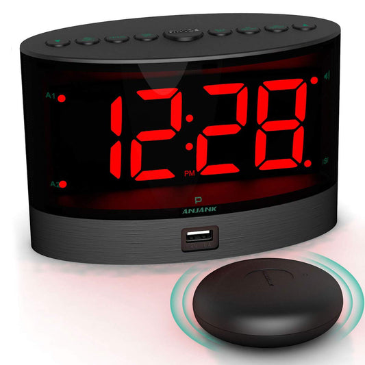 ANJANK Extra Loud Alarm Clock with Wireless Vibrating Bed Shaker for Deaf/Hard of Hearing/Heavy Sleepers, Dual Alarm, Dimmer, Battery Backup, USB Charger, Large Digital LED Display