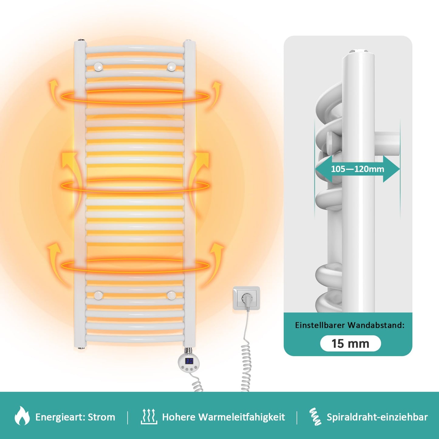 EMKE electric towel radiator 120x40 cm, Curved bathroom heater electric with thermostat, Towel dryer towel warmer with timer White 500 Watt