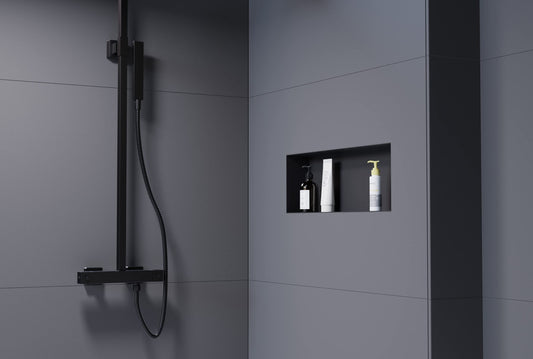 BERNSTEIN® Stainless Steel Recessed Shelf NT206010X frameless - 20 x 60 x 10 cm, tileable wall niche with flexible installation. Ideal shower storage - Color: Black