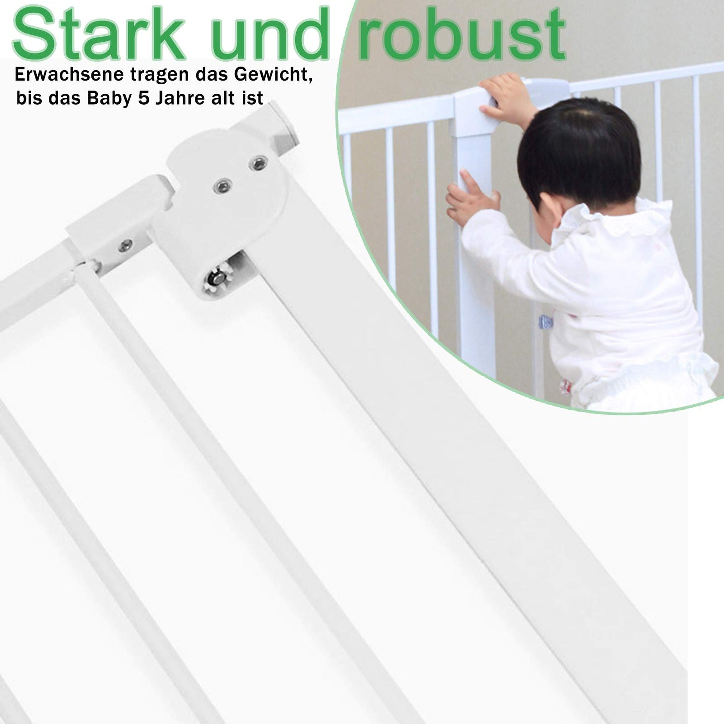 YARDIN door and stair safety gate without drilling, 75-85cm baby gate, childproofing stair gate for kids and dogs, auto-close, one-handed opening, White.