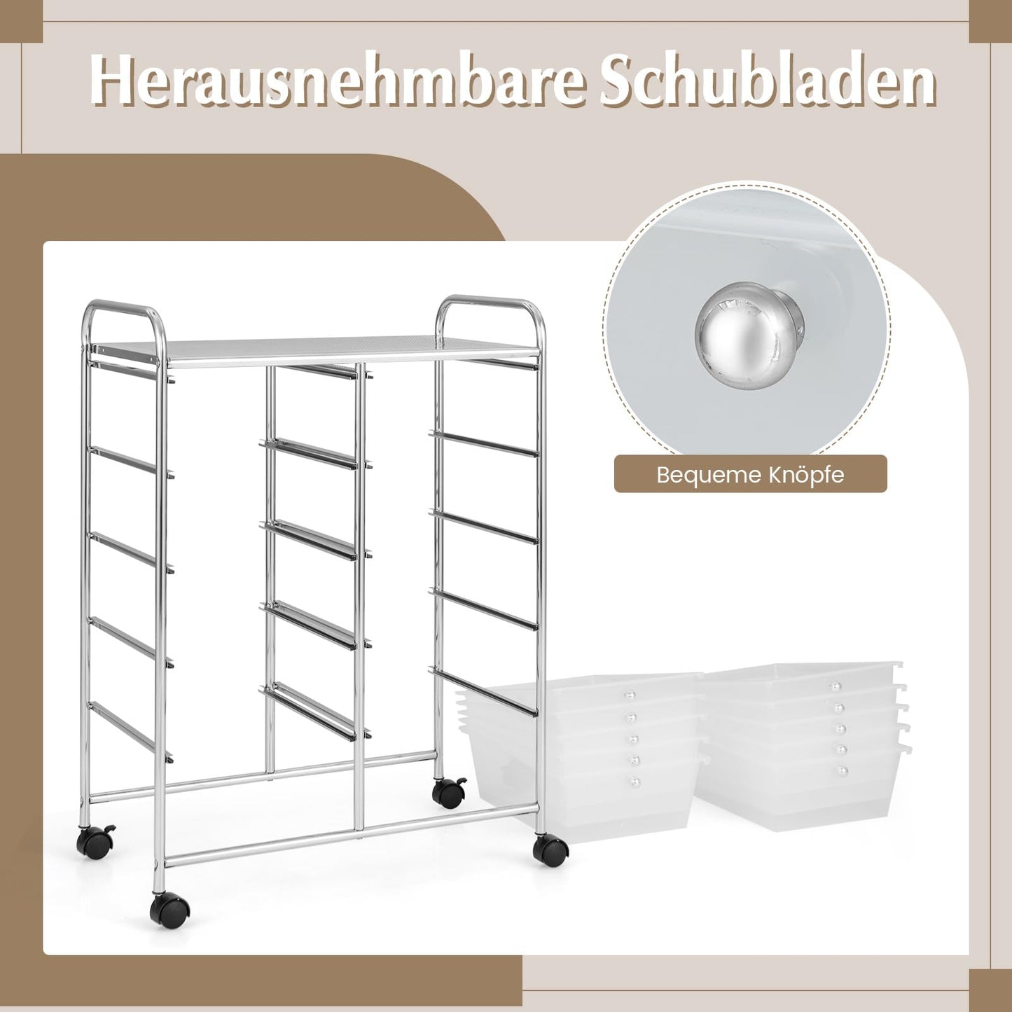 COSTWAY rolling cart with 10 stackable drawers, drawers cart with metal frame and shelf, bathroom trolley storage cart for office, living room, 65.5 x 37 x 87 cm.