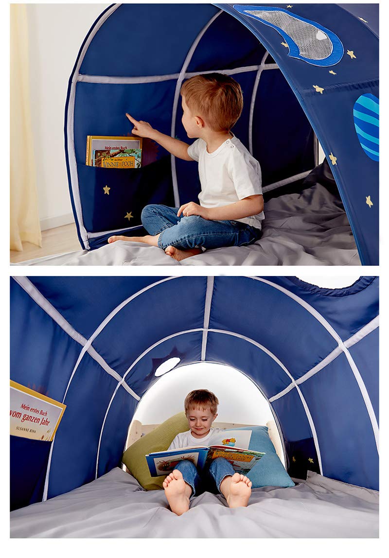 Powcan kids play tent for boys and girls, Galaxy starry sky playhouse tent for children. Pop up tent with double mesh curtain and carry bag for indoor and outdoor games. Size: 140x100x80cm.